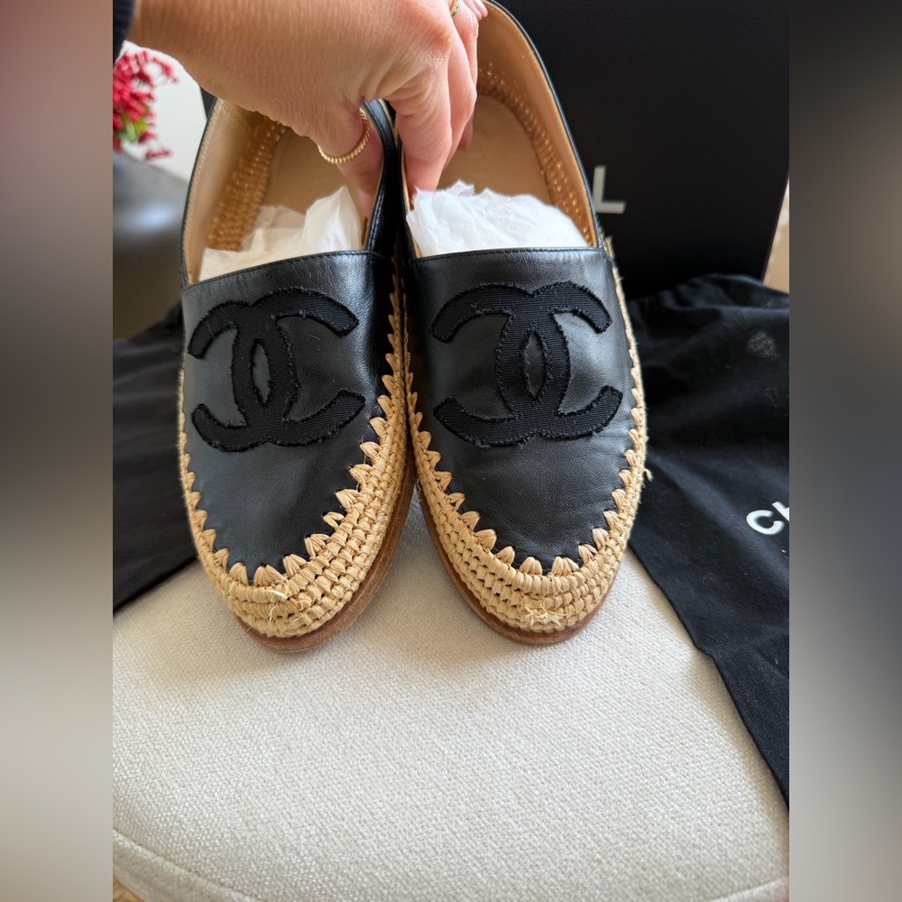 Chanel Black Leather Espadrilles with Raffia Soles- Sz. 36 - Picture 2 of 4
